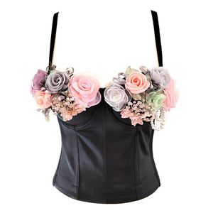 Camiseta 2023 verão moda feminina camisola romântica 3d flor decoração recortada topo bustier sutiã espartilho feminino boate festa regata