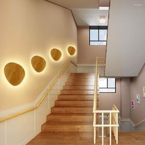 Luminária de parede Estilo artístico Simplicidade Artesanato em madeira LED Circular Oval Montado Fonte de luz Lâmpada de iluminação para escada de estudo interno