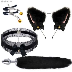 Söt Fox Tail Anal Plug Bow-Knot Soft Cat Ears pannband Krage Erotiska cosplaypar Tillbehör SM Sexleksaker för kvinnlig manlig L230518