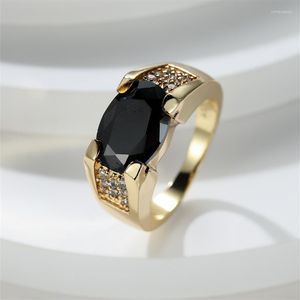 Bröllopsringar Mens Oval Black Stone Ring Yellow Gold Color Vintage Zircon Bands Manlig bulk Promise Engagemang för män smycken CZ