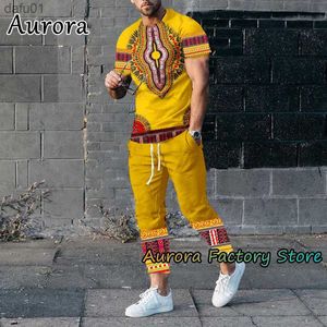 Dashiki African Totemler Yazım Yaz Men Vintage T-Shirt Pantolon Set Etnik Stil Jogging Suit Erkek Moda Sokak Giyim L230520