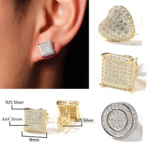 925 Sterling Silver Mens Stud Earrings White Gold Plated Hip Hop CZ Cubic Zirconia Square Heart Love Round Earring Studs Iced Out Diamond Rapper Ear Jewelry for Men