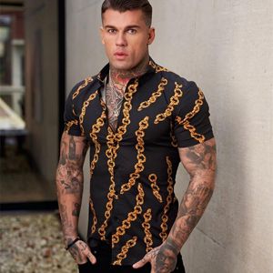 Camisas Casuais Masculinas Camisa Masculina de Verão Impressão Digital Corrente Dourada Roupas Urbanas Manga Curta Lapela Fina Top Secagem Rápida