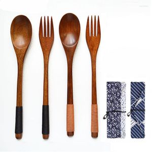 Geschirr-Sets, japanisches gewickeltes Holzlöffel-Gabel-Essstäbchen-Set mit drei langen Griffen aus massivem Holz für Erwachsene, tragbares Taschengeschirr.