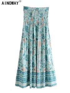 Gonne Vintage Chic Fashion Hippie Women Beach Bohemian Gonna con stampa floreale gialla Vita alta elastica ALine Boho Maxi Femme 230607