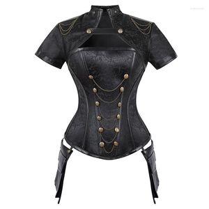 Bustiers & Corsets Women's Corset Gothic Steampunk Clothing Spiral Steel Boned Retro Goth Brocade Overbust Top With Jacket And Pockets