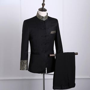 Mäns spårdräkter Men's Suit Coat Spring och Autumn Stitching Gold Floral Embroidery Stand-Up Collar Chinese Style Casual Large Size