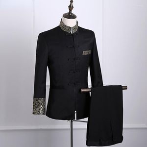 Fatos de Treino Masculino Terno Casaco Primavera E Outono Costura Dourado Floral Bordado Gola Alta Estilo Chinês Casual Tamanho Grande