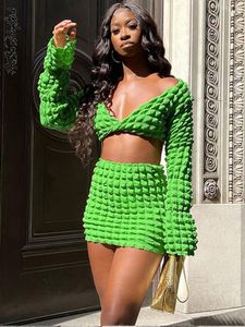 Vestido de duas peças conjuntos de moda outono top saia feminino franzido manga longa praia streetwear verde 230607
