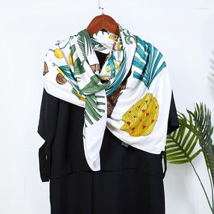 Scarves 2023 Silk Twill Scarf Woman Palm Black Printing 130CM Big Square Kerchief Head Scarfs For Ladies Bufanda Mujer