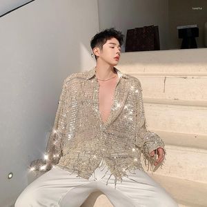 Men's Casual Shirts 2023 Spring Product Irregular Sequin Tassel Shirt Streetwear Fashion Long Sleeve Men's Tops