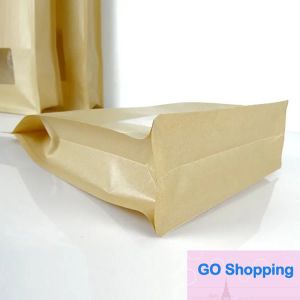 Clássico 10pcs grandes medidas embalagem de papel Kraft marrom saco de pé com janela transparente e alça sacos de café oito bolsas de vedação lateral