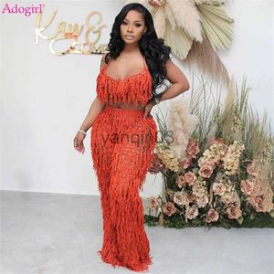 Women's Two Piece Pants Adogirl Hand Crochet Tassel Summer Beach Two Piece Set Women Knitted Suit Lace Up Halter Backless Crop Top Pants Vocation Outfit J230607