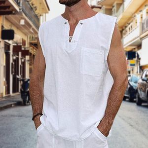 Men's Tank Tops Fashion Mens Summe Tank Tops Cotton Linen Casual Sleeveless Shirt Tops Loose Lace Up V-neck Pocket Tees Shirts Male Streetwear 230607