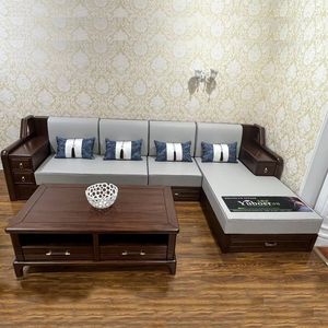 Ny kinesisk stil All Solid Wood Soffa Combination Zen Living Room High-End Villa Carved Ugjin Wood Storage Möbler