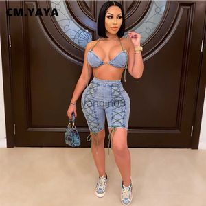 Women's Two Piece Pants CM.YAYA Women Sets Denim Sleeveless Crop Tops Above Knee Back Zip Jeans Sheath Elastic 2 Piece Set Sexy Club Night Suits Summer J230607