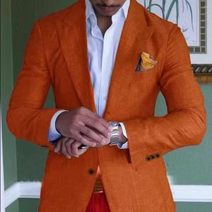 Men's Suits Orange Men's Linen Summer Beach Jacket Slim Fit For Men Tuxedo Groom Wedding Groomsman 2-Piece Set