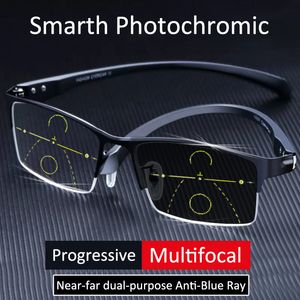 Blue Light Blocking Glasses Automatic Adjustment Pochromic Reading Glasses Progressive Men multi-focus Anti-Blue Light Women Computer Eyewear Half-Frame 230606