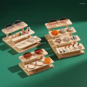Smyckespåsar Trä stege glasögon Display Stand Multi-Layer Brosch Case Earring Storage Rack Organizer