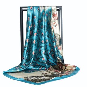 サロンシルクスカーフ女性美しい孔雀のプリントアクセサリーFoulard Satin Bandana Cheveux Neckerchief Hijab Head Scarves Designer 230605