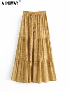 Skirts Vintage Chic Fashion Hippie Women Beach Bohemian Leopard Floral Print Skirt High Elastic Waist ALine Boho Maxi Femme 230607