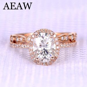 Wedding Rings AEAW 1.0ct Oval Cut Engagement Diamond Ring Set Halo Genuine 10K Rose Gold for Women Test Postive 230607