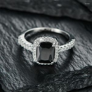 Wedding Rings Unisex Rectangle Black Stone For Women Men Silver Color Square Zircon Bands Vintage Female Male Party Jewelry Gift