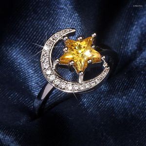 Hochzeit Ringe Luxus Weibliche Große Mond Stern Ring Mode Rose Gold Silber Farbe Engagement Für Frauen Vintage Gelb Schmuck