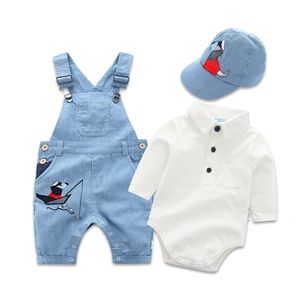 Conjuntos de roupas nascidos roupas de criança menino chapéu macacão conjunto de bebê 3 pçs babador de algodão macacão manga comprida terno meninos moda roupa 3 6 9 12 18 24m 230606