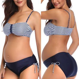 Moderskap Swimwears Kvinnor Stripe Bikinis Set Maternity Swimsuit Tankinis Beachwear Gravid kostym Sommarbaddräkt Tvådelar Gravida strandkläder T230607