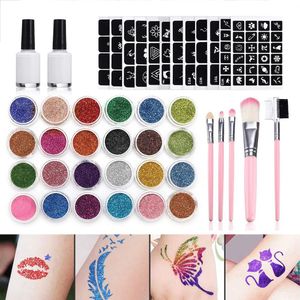 Inks 24 Colors Glitter Tattoo Set Template Flash Diamond Glitter Shine Flash Powder Temporary Tattoo Ink Face Body Painting Art Tools