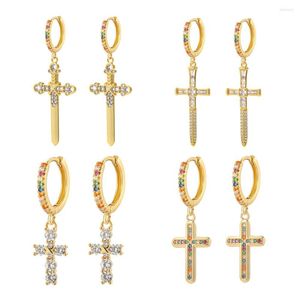Hoop Earrings Religious Cross Copper Fashion Jewelry For Women Men Charms With Zircon Openwork Party Gift