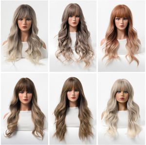 22 Inch Gray Ombre Womens Wig with Bangs Long Curls High Temperature Fiber Full Head Cover Versatile Styles Perfect for Daily Wear and Special Occasions