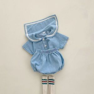 Kläder sätter sommar baby marinblå krage kläder set barn flickor kort ärm denim toppar shorts 2st.