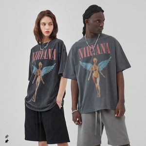 2023 New Wash Water Mens T-shirt Printed Letter T-shirt Make Old Rock Band Prints Vintage Mangas Curtas Tops Masculinos e Femininos