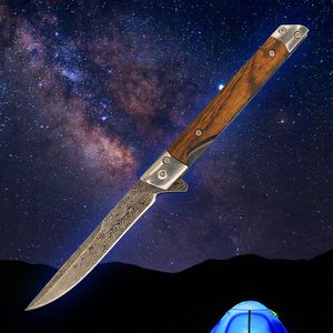 Kampanj A2367 Flipper Folding Knife 3Cr13Mov Laser Mönster Drop Point Blade Trä/Stålplåt Handtag Bollbärande snabbt öppna EDC -fickknivar med läderhölje