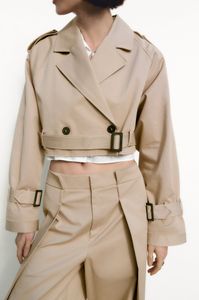 大型クロップドトレンチコート女性ショートカーキジャケットレディース長袖ルーズ女性コート