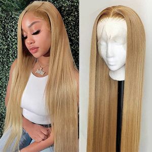 Медовый блондинка кружево переднее парик человеческие волосы выделяют прямые парики с имбирными кружевными париками, синтетические для женщин