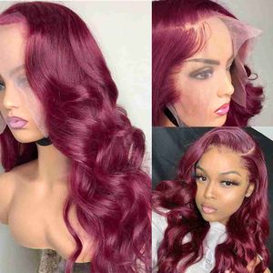 Kvinna 99J Body Wave Lace Wigs 13x4 Sidavel Red Burgogne spetsar peruker syntetiska mitten av spetsar peruker för kvinnor lyslösa 180% densitet 230524