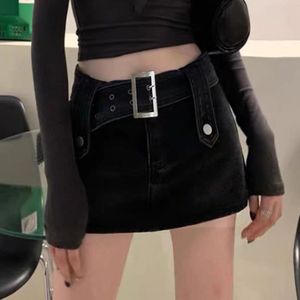 Skirts Vintage Leather Belt Y2k Womens Low Waist Mini Skirt Fashion Streetwear Denim Straight 90s Punk Sexy Summer 230607