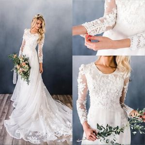 Bescheidene Brautkleider mit 3D-Blumenspitze und langen Ärmeln, Juwelenausschnitt, Frühlings-Boho-Garten-Brautkleider, Sweep-Zug, formelle Bräute Robes de Mariee AL321