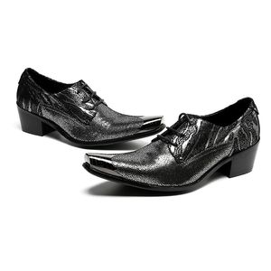 6cm de salto alto masculino de metal de dedos de metal, sapatos de couro genuíno, homens de negócios pretos negócios/festa zapatos hombre, 38-46