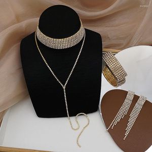 Necklace Earrings Set Fashion 10-row Y-shaped For Women 6-row Bracelet Full Drill Temperament Senior Sense Of Three Pieces Jewellery