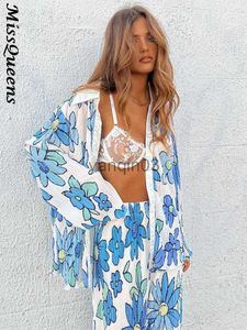 Kvinnors tvåbitar byxor Kvinnor veckade set Floral Elegant Casual Long Sleeve Blues med höga midjbyxor Set Female Loose Shirts Two Piece Pant Set J230607