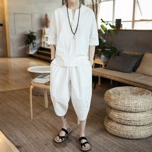 Mens Tracksuits Summer Chinese Style Threequarter Sleeve Cotton and Linen Suit Pan Button Croped Pants Solid Color Men 230607