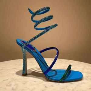 Topuklu Sandallar Rene Caovilla Tasarımcı Ayakkabı Cleo Crystal Emniyet Strass Ayak Bileği Saraylı Elbise Ayakkabı 9.5cm Yüksek Rhinestone Roma Kadın Tasarımcıları Sandal