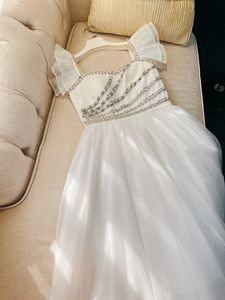 2023 estate bianco tinta unita in rilievo abito in tulle manica a cappuccio collo a cuore strass lungo maxi abiti casual J3L066935