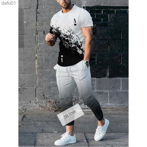 Moda Masculina Fato de Treino de Verão 2 Peças T-Shirt+Calças Conjunto Casual Outdoor Streetwear Roupa Masculina Oversized Terno L230520