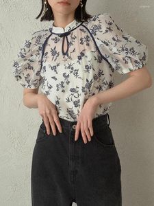 Kvinnors blusar japanska chic söta vintage broderier blus kvinnor kinesisk stil spänne puff hylsa tröjor toppar sommar 2023 organza blusa