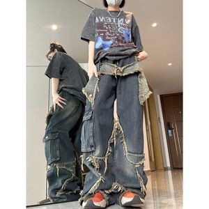 Mens Jeans High Street Gothic Patchwork Design Spliced Vintage Waist for Men Harajuku Loose Relaxed Wide Leg 230606